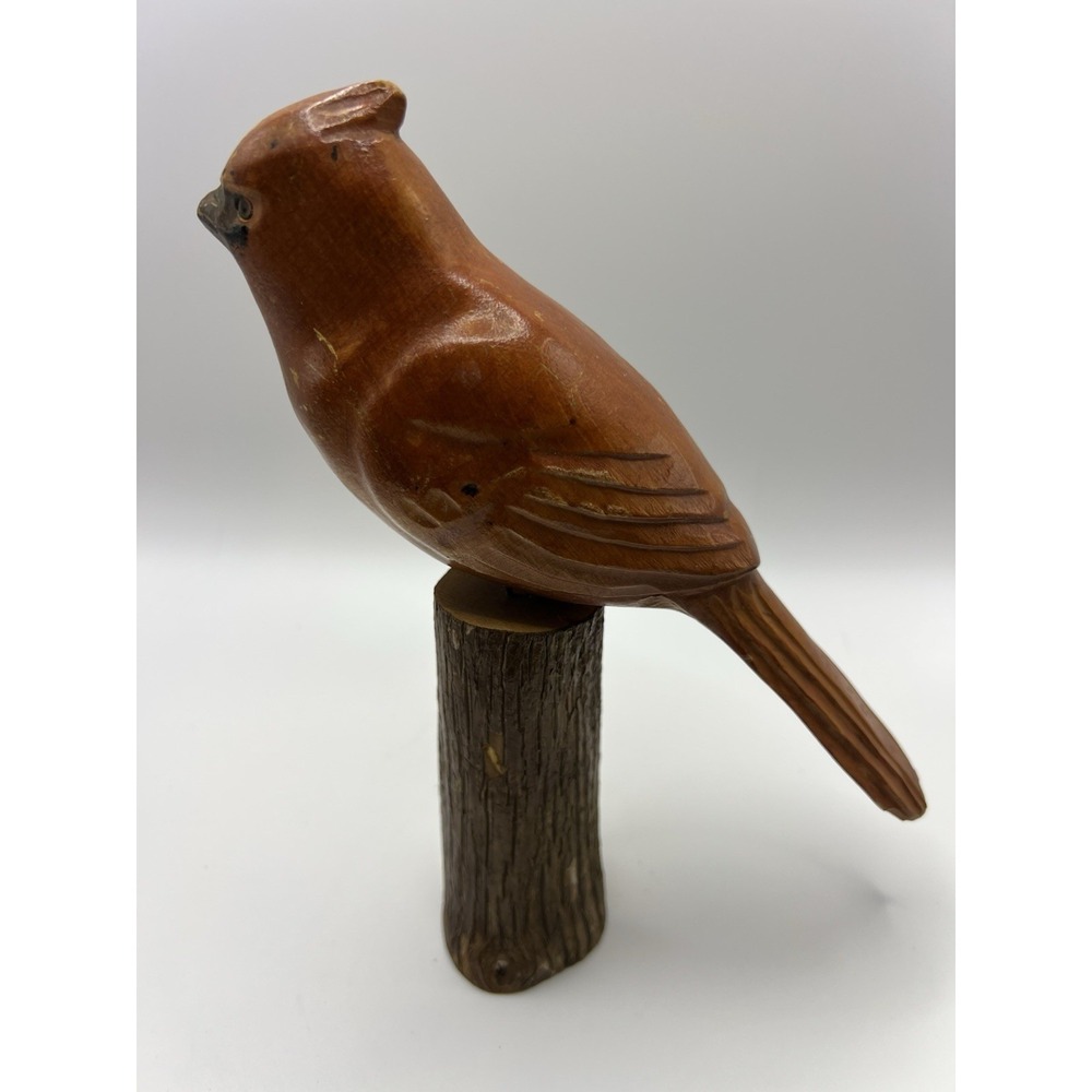 Hand Carved Wooden Cardinal Bird Figurine on Wood Base Home Decor READ